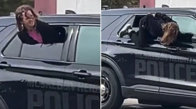 Əlləri qandallı olan qadın polis maşının pəncərəsindən görün necə qaçdı - VİDEO