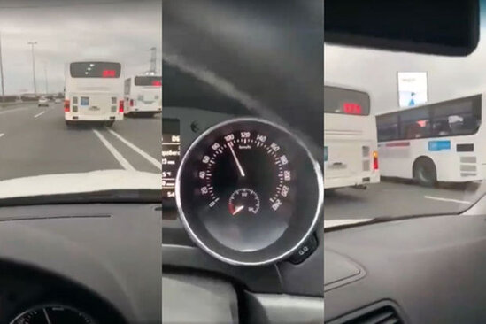 Hava limanı yolunda avtobuslar yarışır: "100"lə gedən maşın onlara çata bilmir - VİDEO