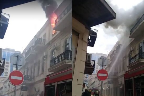 Bakının mərkəzində binada yanğın: Ölən var - VİDEO