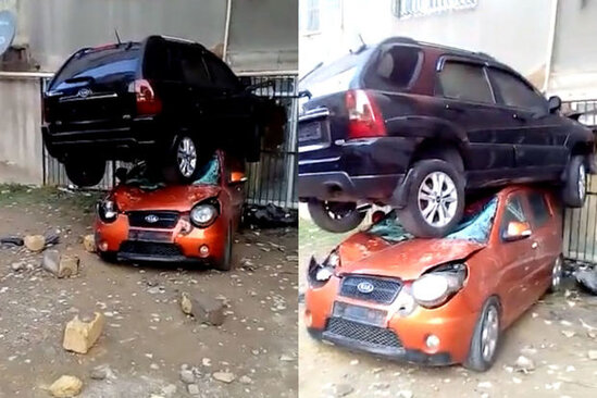 Azərbaycanda qeyri-adi qəza: Maşınlar bir-birinin üzərinə çıxdı - VİDEO