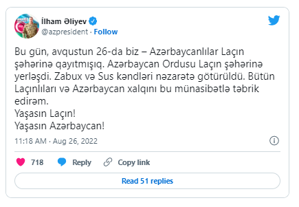 Prezidentdən YENİ TVİT: "Biz – azərbaycanlılar Laçın şəhərinə qayıtmışıq" - FOTO