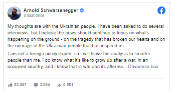 Şvartseneggerdən Ukraynaya dəstək - FOTO