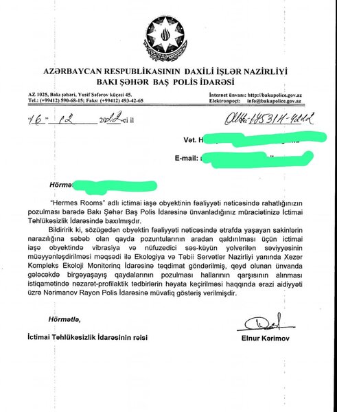 "Hermes" restoranı bina sakinlərini narahat edir