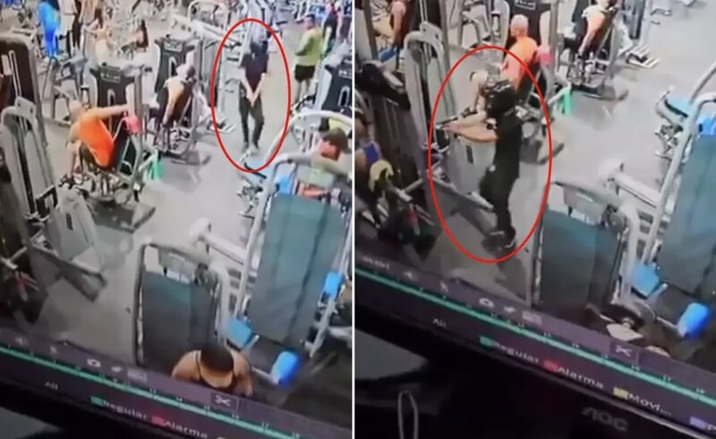 Başında kaska idman zalına daxil oldu, hədəfinə atəş açdı - VİDEO