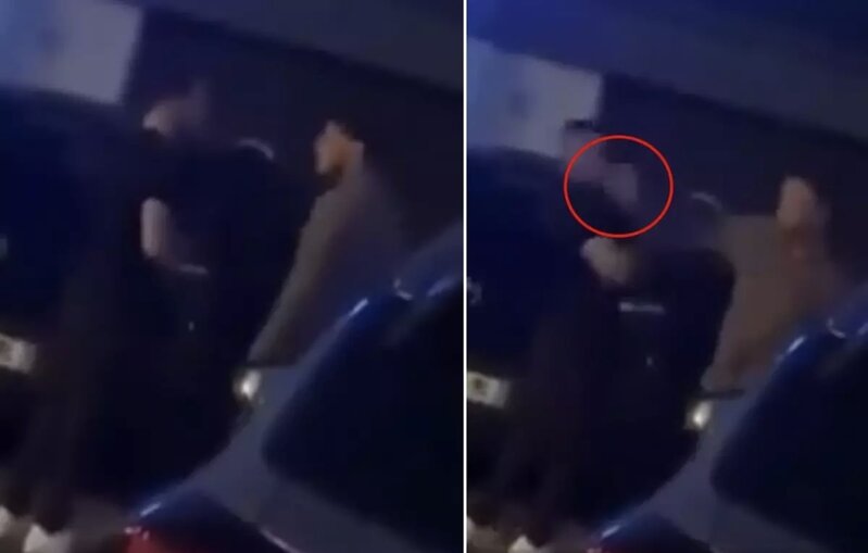 Dava zamanı vurulan şillə qaçmağa çalışan şəxsi yerə yıxdı - VİDEO