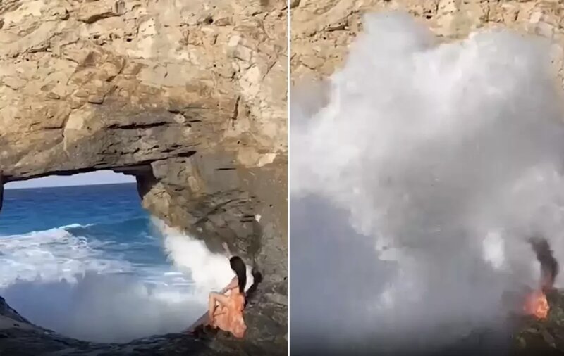 Şəkil çəkdirmək istədi, nəhəng dalğa turisti dənizə sürüklədi - VİDEO