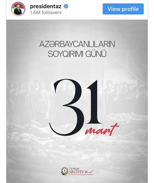 Prezident İlham Əliyev 31 Mart - Azərbaycanlıların Soyqırımı Günü münasibətilə paylaşım edib
