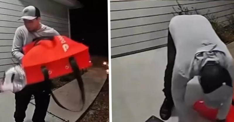 Kuryerdən ürək bulandıran hərəkət! Sifariş edilən toyuq parçalarını yerə salıb yenidən qutuya qoydu - VİDEO