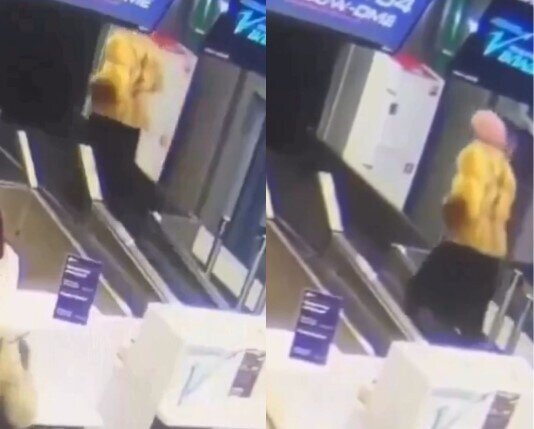 Yaşlı qadın baqaj lentini hərəkət zolağı zənn etdi - VİDEO