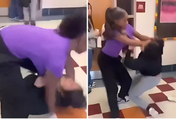 Məktəbli qız sevgilisini qısqandığı sinif yoldaşını döydü - VİDEO