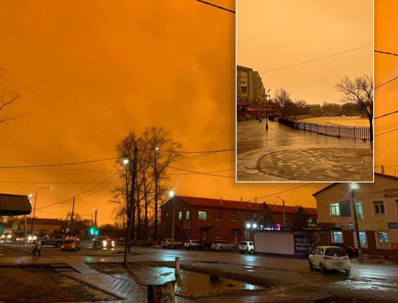 Rusiyada şəhərin üzərində səma narıncı rəngə boyandı - FOTO