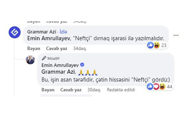 Nazirdən paylaşımında səhv tutan səhifəyə zarafatyana cavab