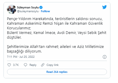 Nazirdən açıqlama: Türkiyə ordusunda şəhidlərin sayı beşə çatdı - YENİLƏNİB + FOTO