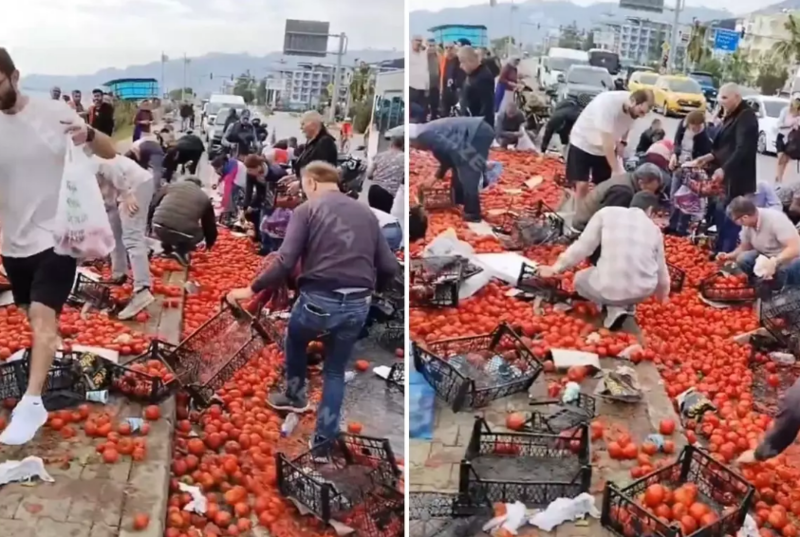 Pomidor daşıyan yük maşını aşdı, vətəndaşlar hadisə yerinə axın etdi