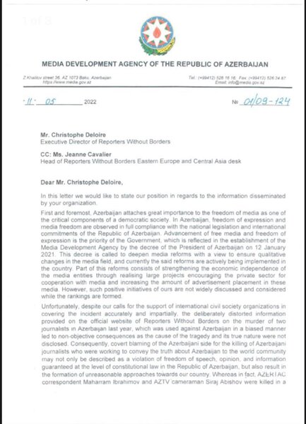 Azərbaycan Respublikasının Medianın İnkişafı Agentliyi "Sərhədsiz Reportyorlar" təşkilatına məktub ünvanlayıb
