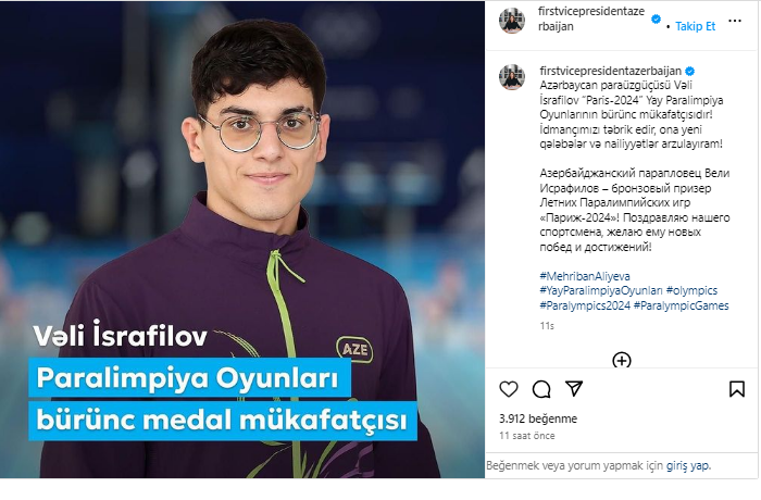 Mehriban Əliyeva Paralimpiya Oyunlarında bürünc medal qazanan Vəli İsrafilovu təbrik edib