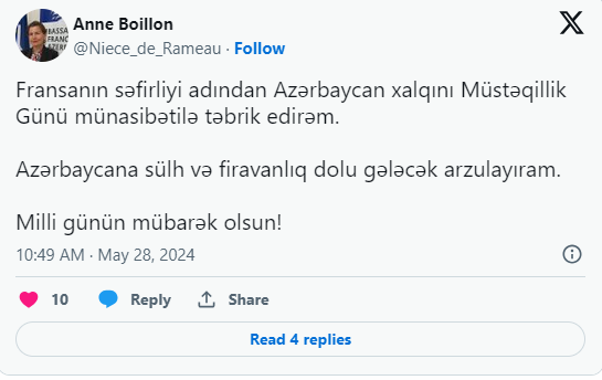 Fransa səfiri Azərbaycan xalqını Müstəqillik Günü münasibətilə təbrik edib