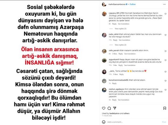 Mehriban Xanlarova Azərpaşa Nemətov haqqında yazanlara: "Cəsarəti çatan çıxıb sözünü deyərdi" - FOTO