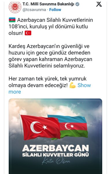 Türkiyə Milli Müdafiə Nazirliyi Azərbaycan Silahlı Qüvvələrinin 108-ci ildönümü ilə bağlı paylaşım etdi - FOTO