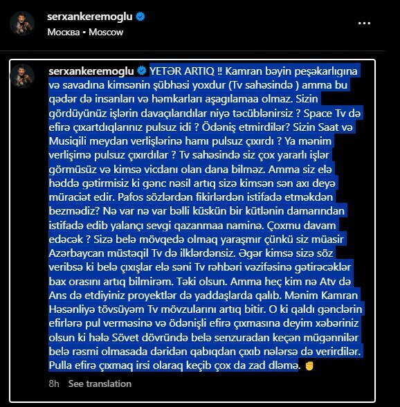 Sərxan Kərəmoğlu məşhur aparıcını "yıxdı, sürüdü"