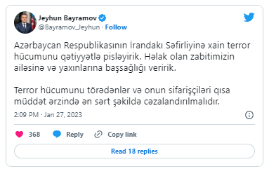 Ceyhun Bayramov İran səfirliyində baş verən terror hadisəsi ilə bağlı paylaşım edib - FOTO