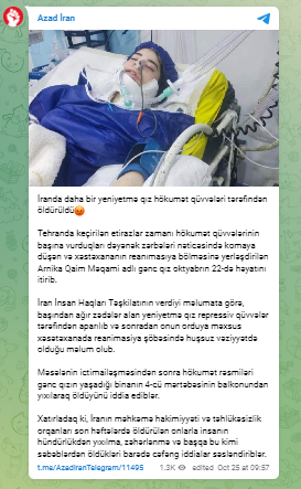 İranda daha bir yeniyetmə qız hökumət qüvvələri tərəfindən öldürüldü - FOTO