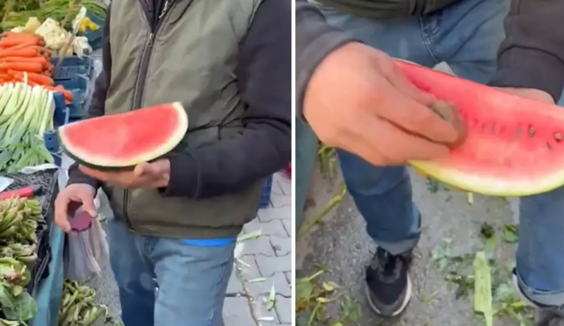 Satdığı qarpızı daha qırmızı göstərmək üçün etdiyinə baxın - VİDEO