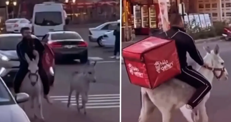 Sürücülük vəsiqəsi müsadirə olunan kuryer, çatdırılma üçün uzunqulaqdan istifadə etməyə başladı - VİDEO