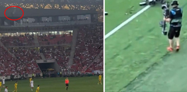 Futbol matçında qorxulu anlar: Yanan kamera tribunaların önünə düşdü - VİDEO